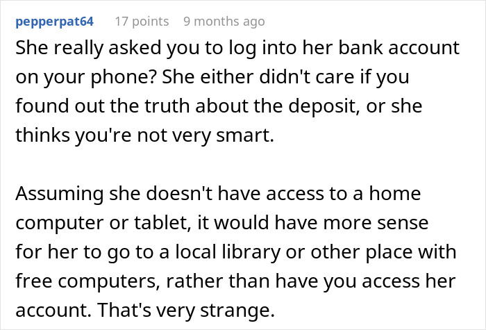 Reddit comment discussing suspicion about wife faking transaction to hide income source by asking to log into bank account.