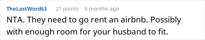 Comment text discussing a man kicking his family out after his wife discovers why his family needed to move in.