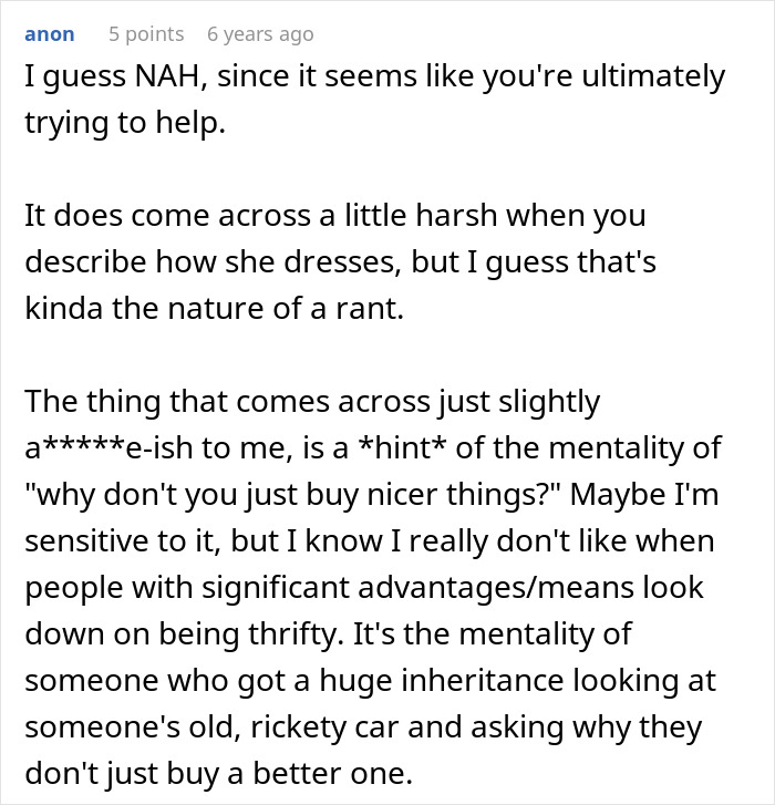 Screenshot of an online comment discussing embarrassment and childhood trauma linked to girlfriend&rsquo;s style and thriftiness.