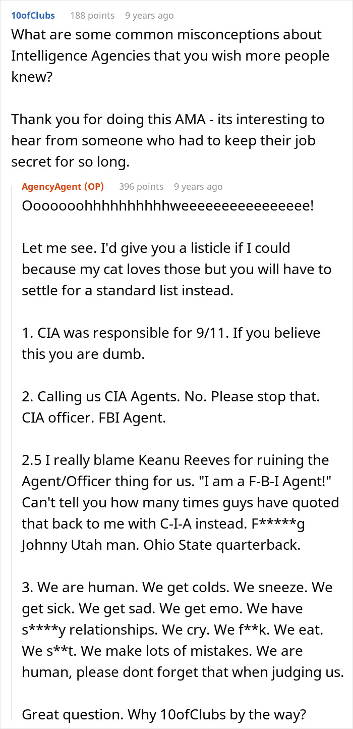 Former CIA case officer answers common misconceptions about intelligence agencies in an informal internet AMA conversation.