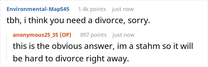 Screenshot of an online conversation where a user suggests divorce and the original poster explains challenges as a stay-at-home mom. Screenshot of an online conversation where a user suggests divorce and the original poster explains challenges as a stay-at-home mom.
