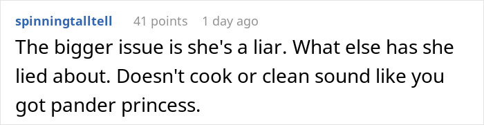 Text comment about a girlfriend pretending to go to work while lying, leaving boyfriend mortified after learning the truth.