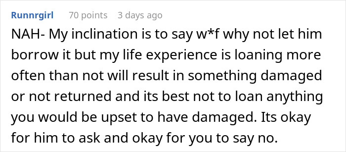 Screenshot of a forum comment discussing a woman refusing to lend her new snow blower to a neighbor she never met.