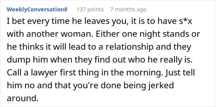 Screenshot of an online comment discussing a woman&rsquo;s struggles with a husband who keeps leaving and coming back.