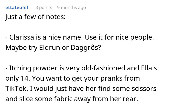 Comment discussing pranks and character name suggestions related to a teen making stepmom miserable on wedding day.