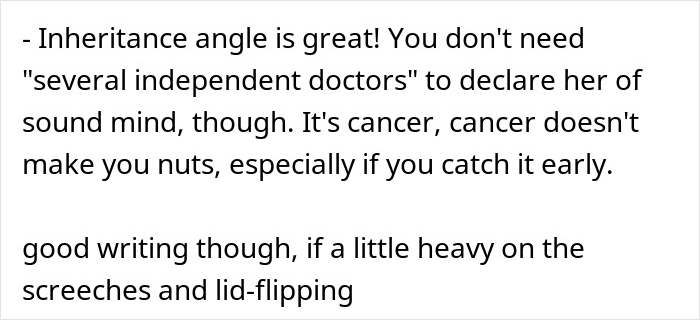 Text screenshot discussing inheritance angle and cancer, in a casual critique about writing style and mental health claims.