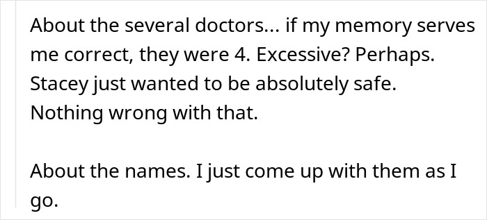 Text excerpt discussing multiple doctors and naming choices, related to teen and stepmom conflict over late mom memory.