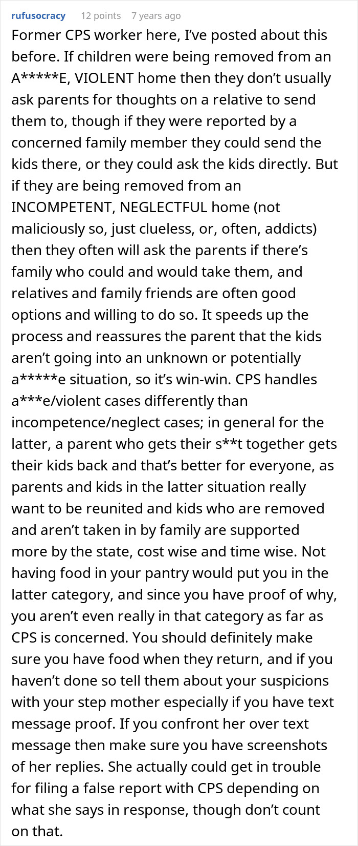 Text excerpt from a former CPS worker explaining family food theft suspicions and CPS procedures for neglect cases.