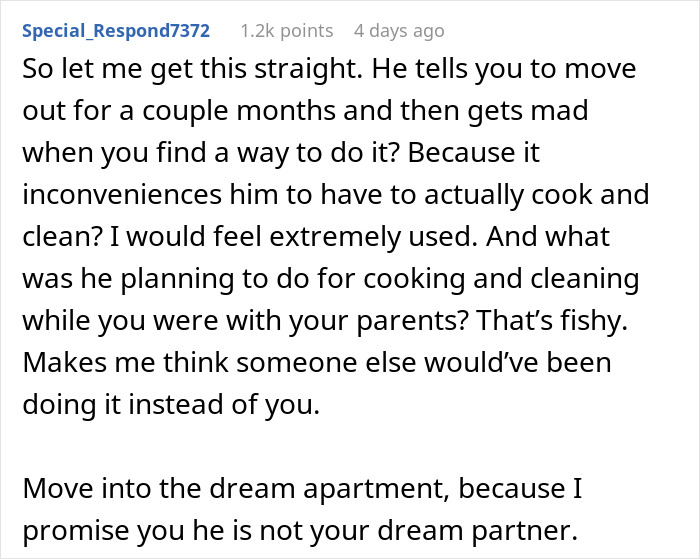 Reddit comment discussing a boyfriend giving girlfriend time to fix finances before marriage, highlighting relationship issues.
