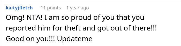 Comment on Reddit post expressing pride for teen escaping horrible family after step-father&rsquo;s misstep and reporting theft.