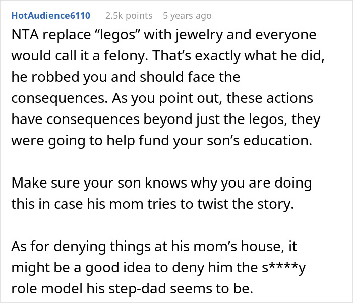 Screenshot of an online comment discussing theft of expensive Lego sets by cheating ex-wife&rsquo;s boyfriend and its consequences.