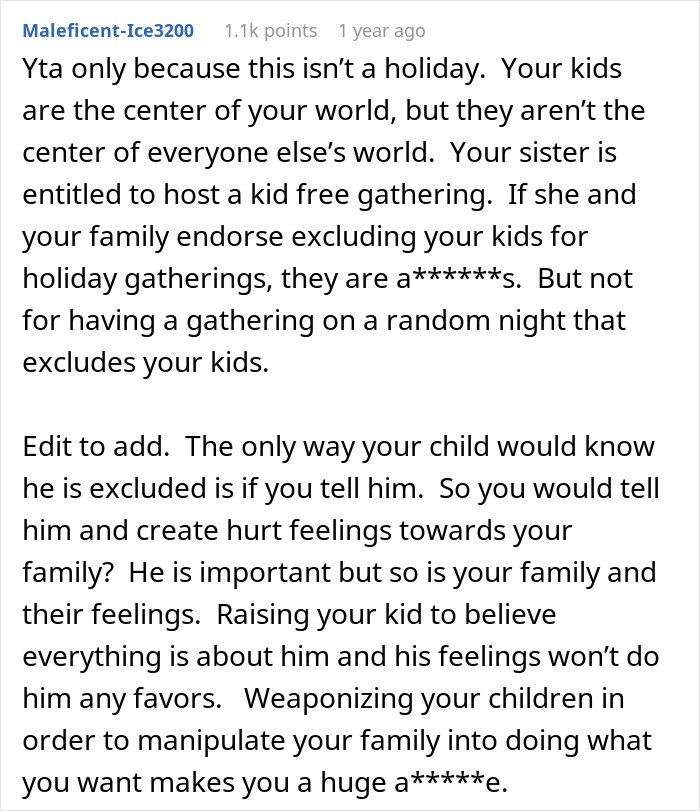Comment discussing family tensions over hosting kid-free gatherings and feelings of exclusion involved.