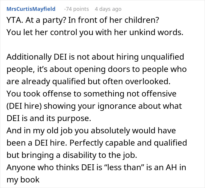 Comment discussing a woman firing back after sister insults her, making her husband embarrassed and kids confused.