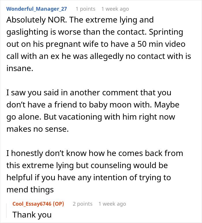 Reddit comment discussing wife divorce husband lied during video call with ex, highlighting extreme lying and gaslighting issues.
