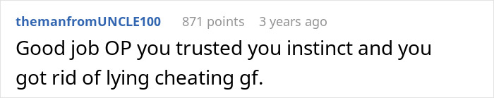 Screenshot of a Reddit comment praising a guy for trusting his instinct and ending an open relationship suggestion.