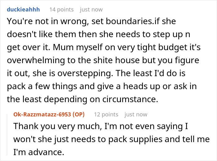 Screenshot of a conversation discussing setting boundaries with an entitled mom asking a childfree bestie to babysit for free.