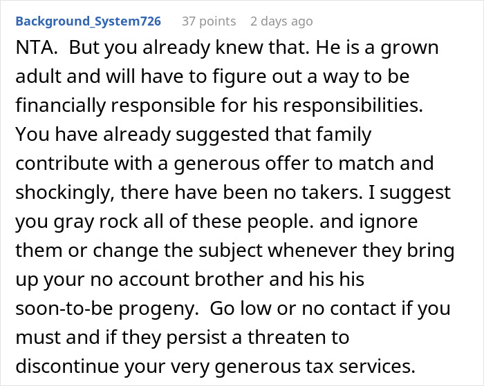 Reddit comment discussing family conflict as guy refuses to help spoiled brother, causing parents to be upset about responsibilities.