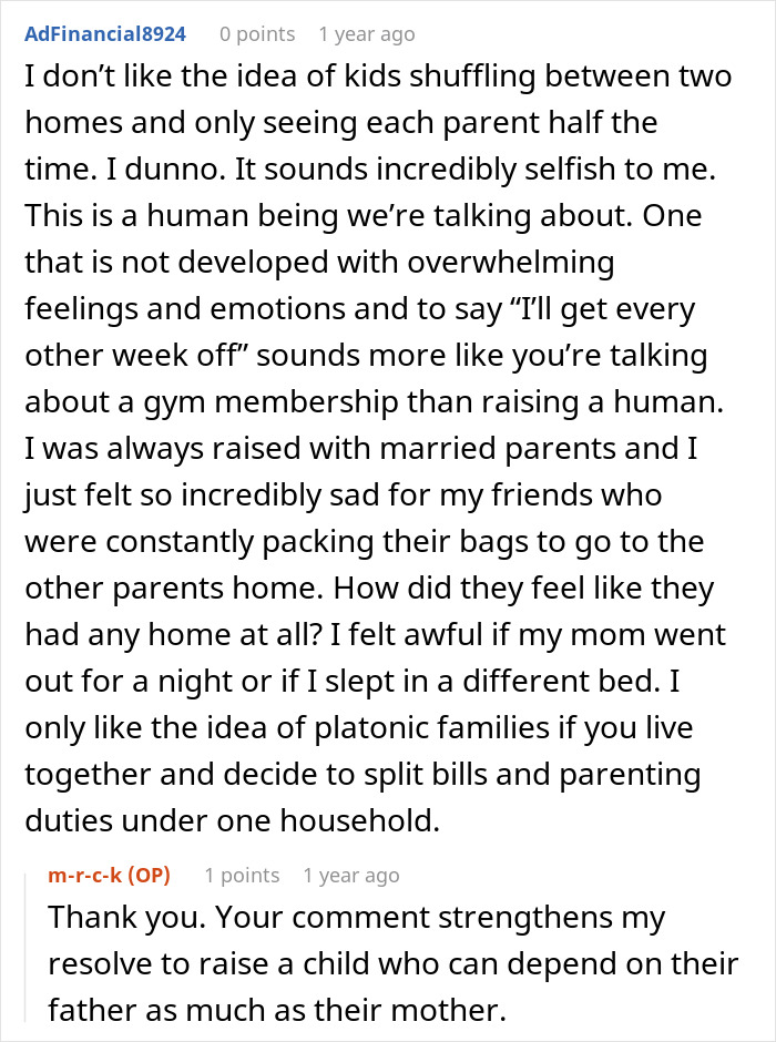 Online discussion about the pros and cons of platonic co-parenting as a woman considers having a baby with her ex.