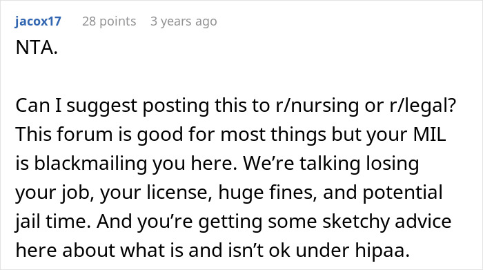 Screenshot of a Reddit comment discussing a nurse stressed about HIPAA rules after finding MIL on a secret date.