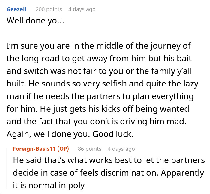 Online forum comments discussing a woman&rsquo;s experience and decision after three years of unwanted polyamory.