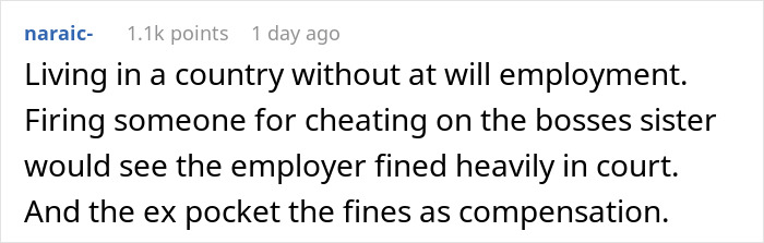 Comment discussing consequences of cheating involving a sister in a work drama and employer legal issues.