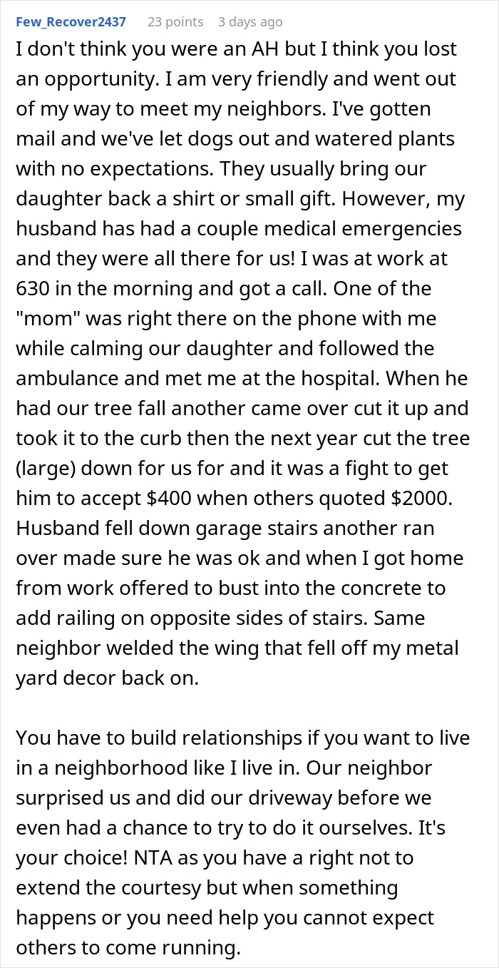 Screenshot of a Reddit comment discussing neighbor relationships and refusing to lend a new snow blower.