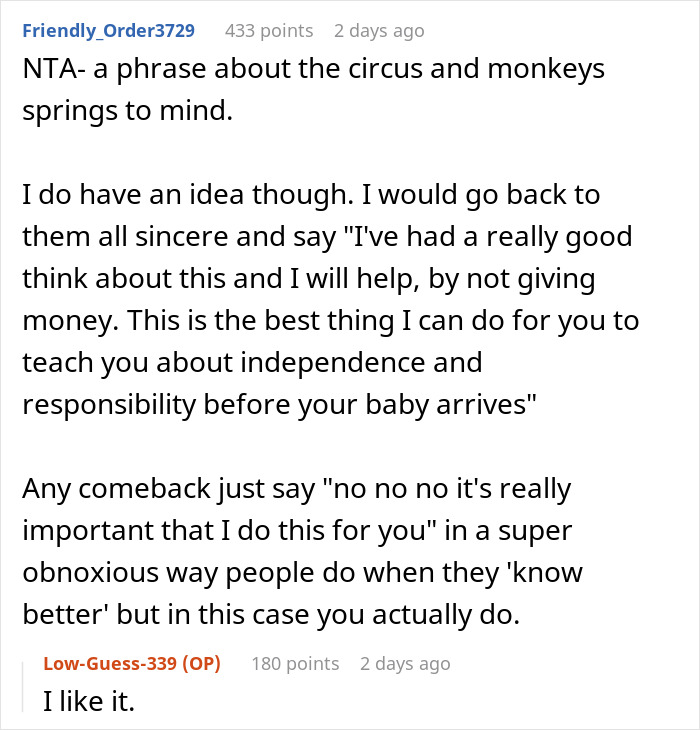 Reddit comment discussing refusal to help spoiled brother and teaching independence before baby arrives.