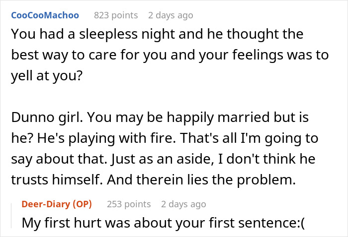 Comment discussing a married man texting a woman he loved years ago and the trust issues involved in the situation.