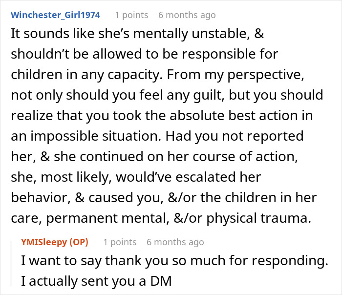 Screenshot of a discussion about a teacher's malicious threats leading to a coworker being sent to the ER and being blacklisted.