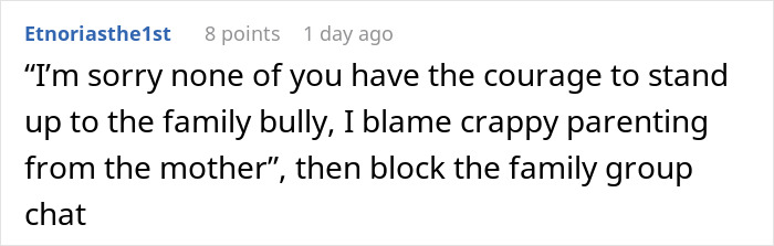 Reddit comment about a woman confronting her MIL after being shamed in front of family, sparking drama.