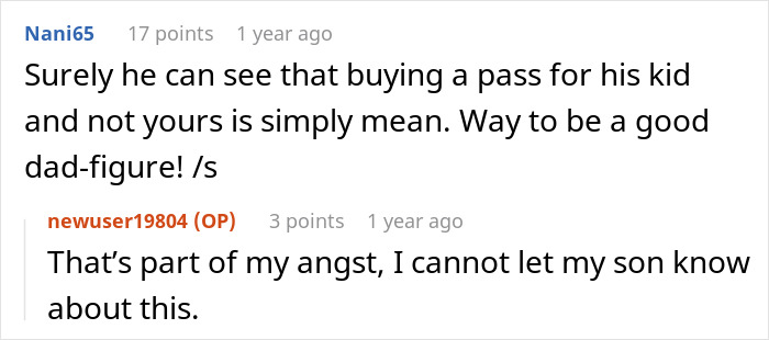 Screenshot of online comments discussing a woman&rsquo;s panic after partner who makes 5x her salary leaves son without a ski pass.