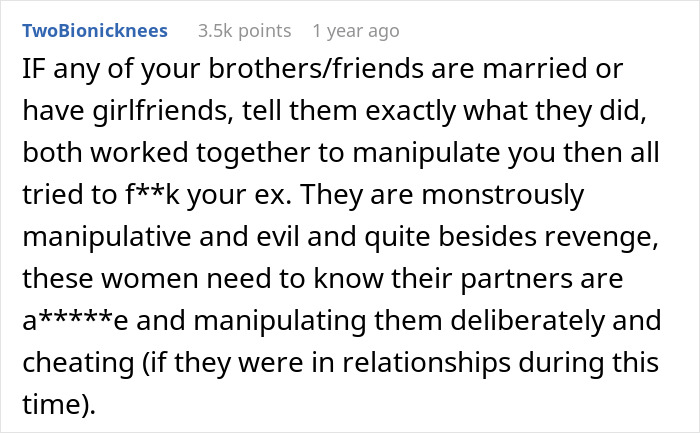 Screenshot of a Reddit comment warning about male relatives and friends manipulating and ruining a marriage for the ex-wife.