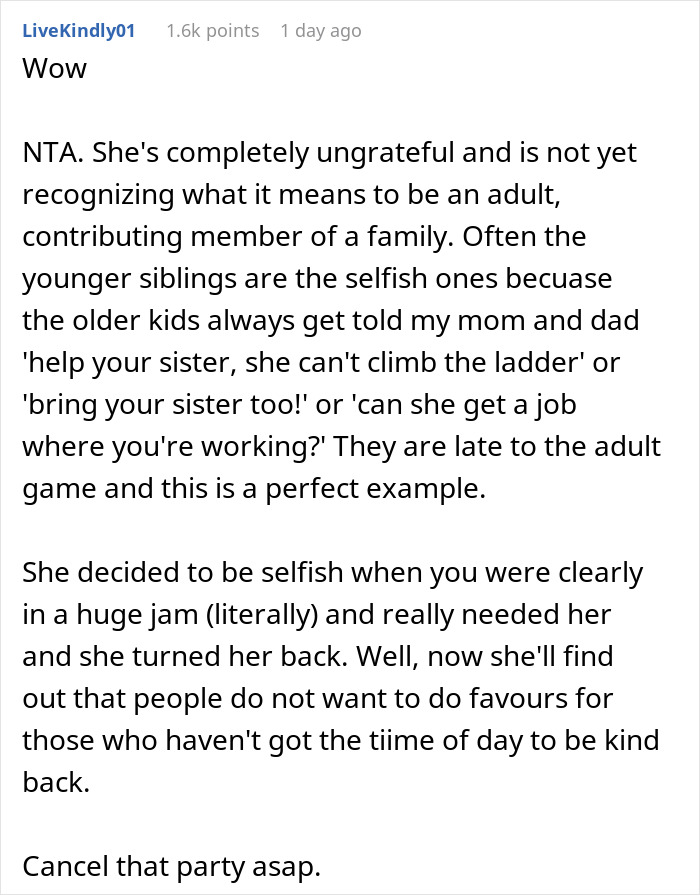 Screenshot of a Reddit comment discussing a woman asking for favors from family without reciprocating help in return.
