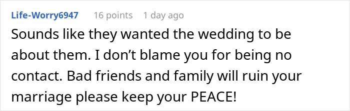Commenter advises keeping peace amid upset parents forcing beer at wedding and leaving early due to music issues.