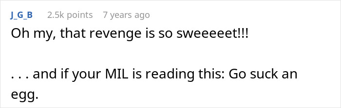 Comment text from user expressing approval of revenge, includes a direct message to a mother-in-law, related to sassy teen putting grandma in her place.