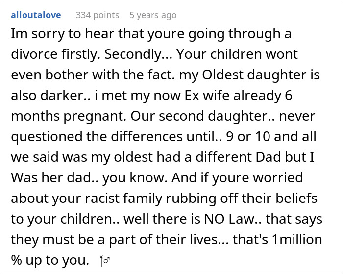 Comment discussing wife&rsquo;s secret exposed, biracial child, and concerns about divorce and family acceptance.