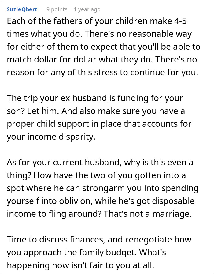 Text comment about income disparity and parenting challenges involving partner making five times the salary.