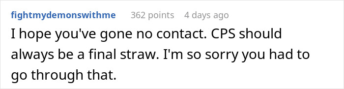 Comment reading I hope you've gone no contact CPS should be last resort expressing sympathy about postpartum boundaries retaliation.