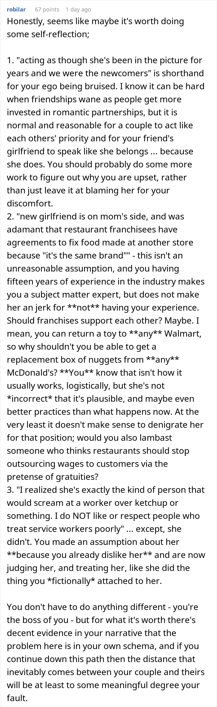 Screenshot of an online discussion about girlfriend disrespect in the service industry and managing related conflicts.