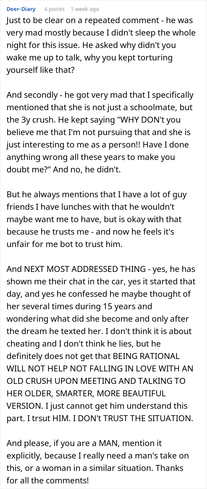 Screenshot of a forum post discussing a married man texting a woman he loved 15 years ago, addressing trust issues.