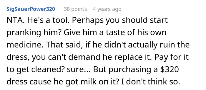 Comment discussing groom pranks involving brother-in-law’s girlfriend and refusal to pay for damages at wedding.