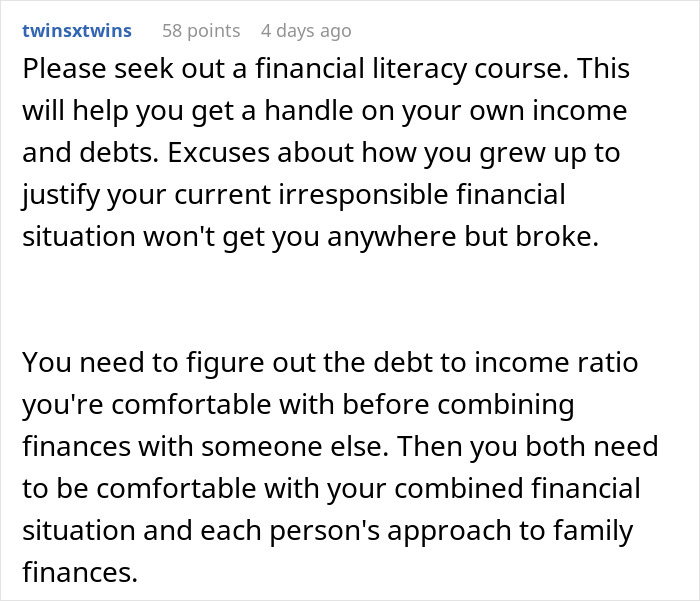 Reddit comment advising financial literacy and managing debt to income ratio before combining finances in a relationship.