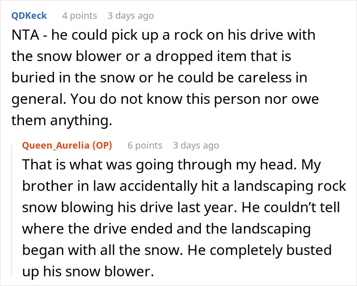 Reddit comments discussing risks of lending a new snow blower to an unfamiliar neighbor causing damage concerns.