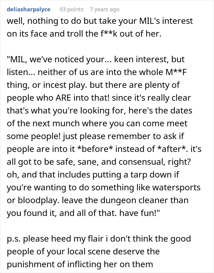 Screenshot of a Reddit comment discussing MIL trying to catfish woman to prove cheating, resulting in trolling response.