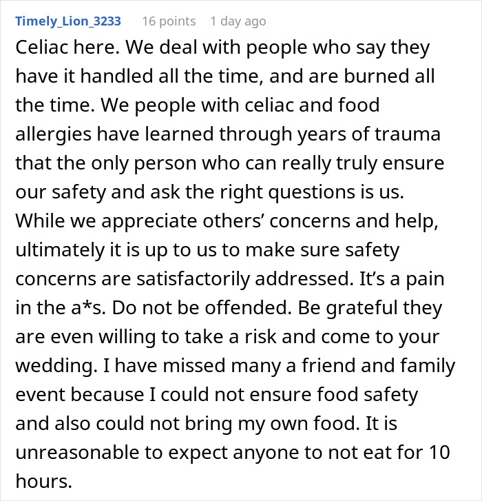 Comment from a person with celiac explaining food safety concerns and challenges at weddings and events. Comment from a person with celiac explaining food safety concerns and challenges at weddings and events.