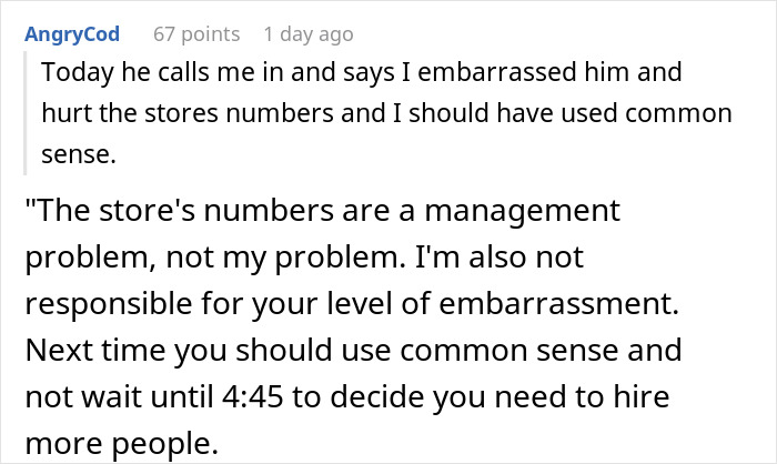 Screenshot of a Reddit comment where a cashier explains manager losing it after being told not to work overtime during a crisis.