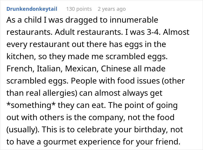 Comment text discussing childhood experiences with strict diets and frustrations about food restrictions on birthday celebrations.