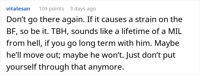 Text post from Reddit user vitalesan advising not to strain a boyfriend due to a difficult mother-in-law situation. Text post from Reddit user vitalesan advising not to strain a boyfriend due to a difficult mother-in-law situation.