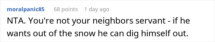Comment explaining that a neighbor refuses to move his car, leaving an entitled guy frustrated over a snow-free parking spot. Comment explaining that a neighbor refuses to move his car, leaving an entitled guy frustrated over a snow-free parking spot.