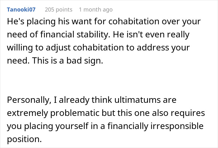 Comment discussing financial stability concerns about a man wanting to move in but refusing to live in the apartment she owns.